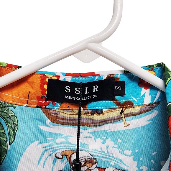 Mens Hawaiian Shirt Santa Reindeer  Short Sleeve Blue Tropical Design Size L - Picture 2 of 8